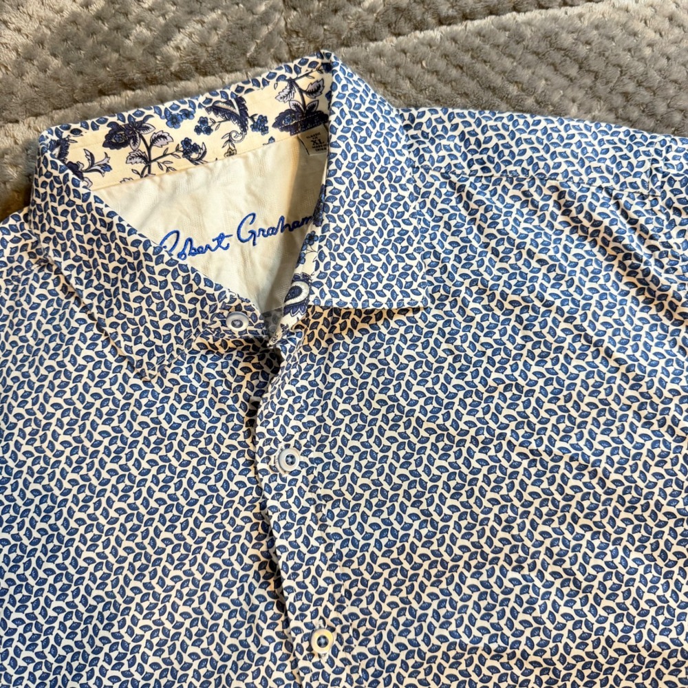 Robert Graham Mens XL Classic Fit Blue White Geometric Short Sleeve Button Shirt
